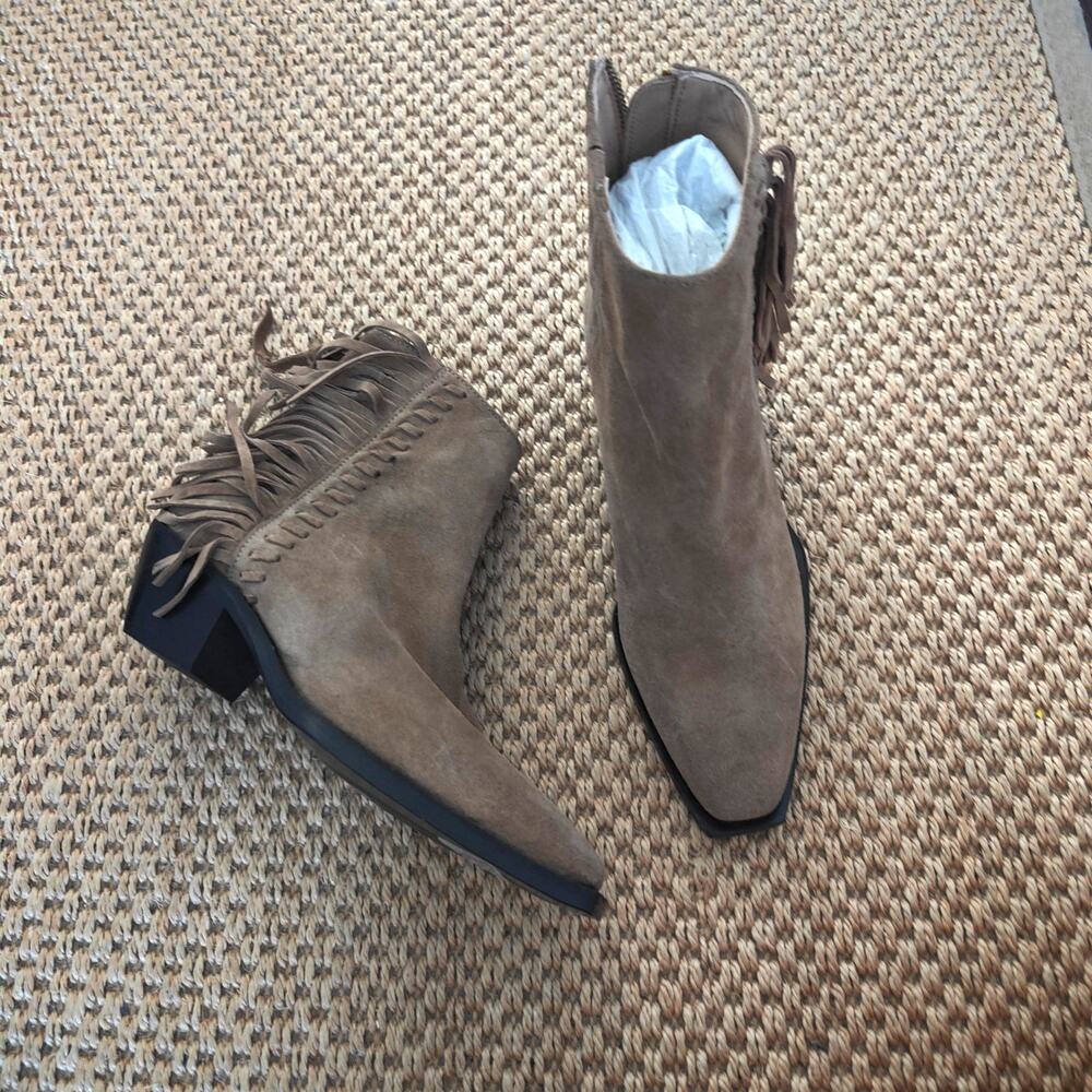 AllSaints Layla Fringe Suede Western Ankle Boots Cognac Tan 37 US 7 New $389